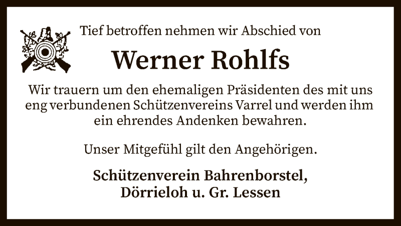  Traueranzeige für Werner Rohlfs vom 07.11.2020 aus SYK