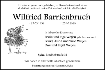 Traueranzeige von Wilfried Barrienbruch von SYK