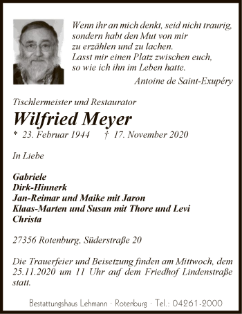 Traueranzeige von Wilfried Meyer von SYK