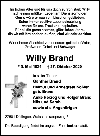 Traueranzeige von Willy Brand von SYK