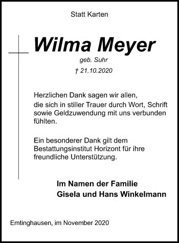 Traueranzeige von Wilma Meyer von SYK