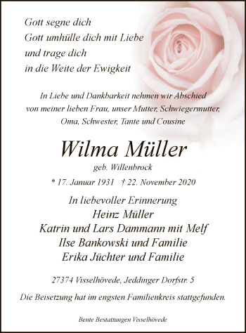 Traueranzeige von Wilma Müller von SYK