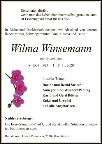 Traueranzeige von Wilma Winsemann von SYK