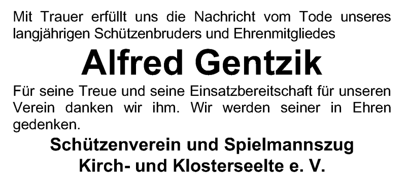  Traueranzeige für Alfred Gentzik vom 23.12.2020 aus SYK