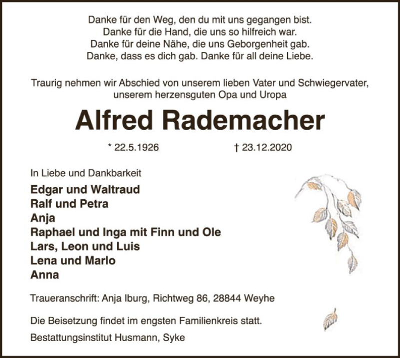  Traueranzeige für Alfred Rademacher vom 29.12.2020 aus SYK