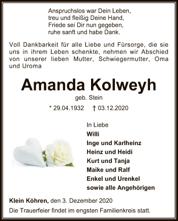 Traueranzeige von Amanda Kolweyh von SYK