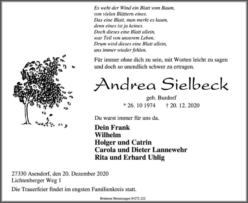  Traueranzeige für Andrea Sielbeck vom 29.12.2020 aus SYK