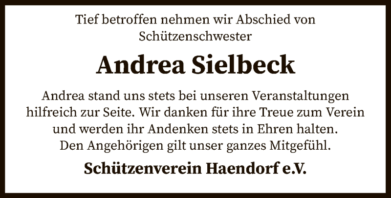  Traueranzeige für Andrea Sielbeck vom 31.12.2020 aus SYK