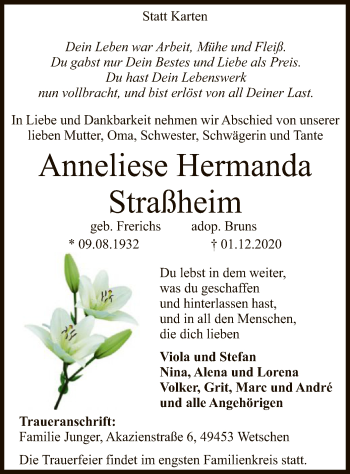 Traueranzeige von Anneliese Hermanda Straßheim von SYK