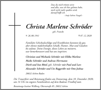 Traueranzeige von Christa Marlene Schröder von SYK