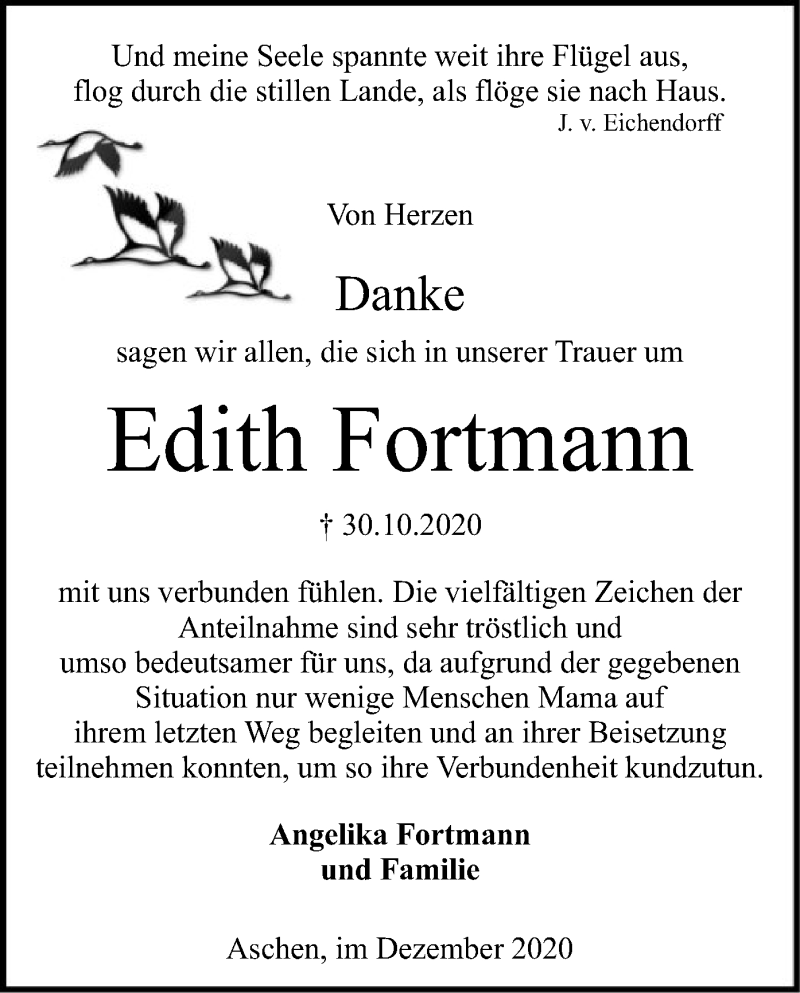  Traueranzeige für Edith Fortmann vom 12.12.2020 aus SYK