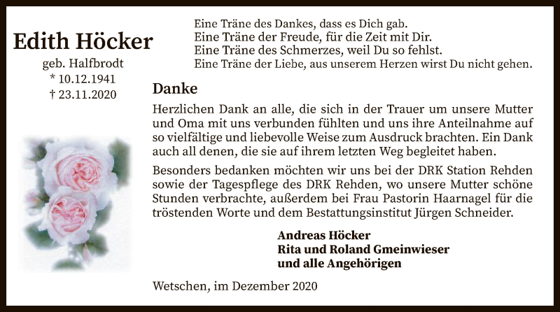  Traueranzeige für Edith Höcker vom 31.12.2020 aus SYK