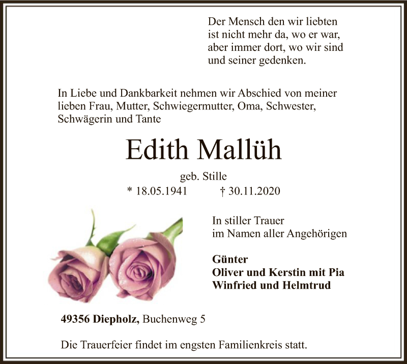  Traueranzeige für Edith Mallüh vom 02.12.2020 aus SYK