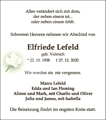 Traueranzeige von Elfriede Lefeld von SYK