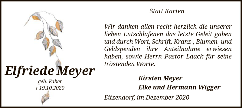  Traueranzeige für Elfriede Meyer vom 17.12.2020 aus SYK