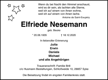 Traueranzeige von Elfriede Nesemann von SYK