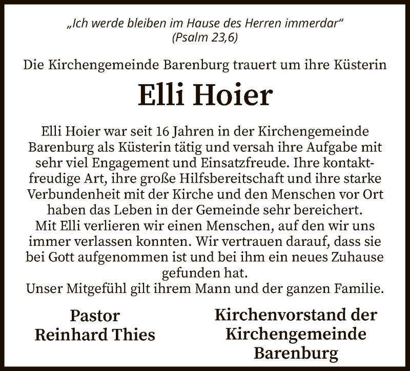 Traueranzeige für Elli Hoier vom 22.12.2020 aus SYK