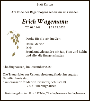 Traueranzeige von Erich Wagemann von SYK