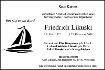 Traueranzeige von Friedrich Likuski von SYK