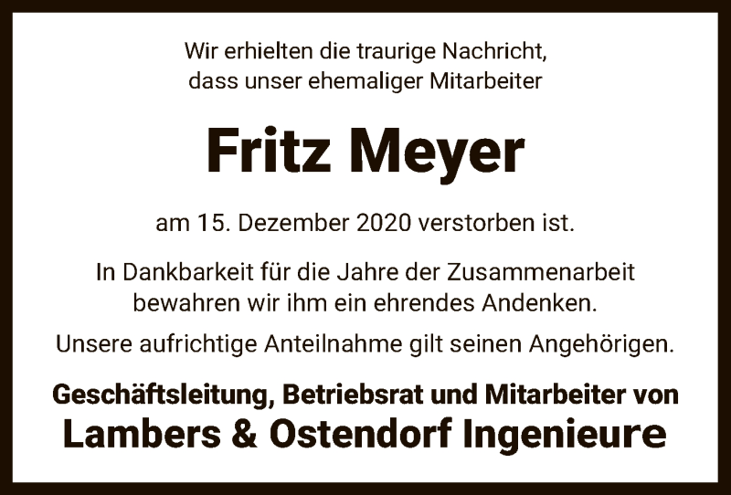  Traueranzeige für Fritz Meyer vom 19.12.2020 aus SYK