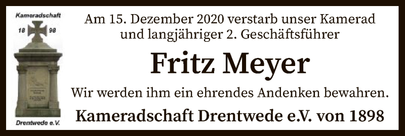  Traueranzeige für Fritz Meyer vom 19.12.2020 aus SYK