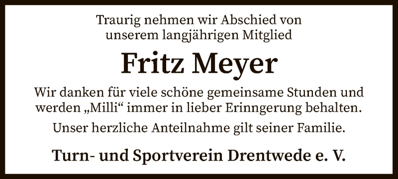  Traueranzeige für Fritz Meyer vom 22.12.2020 aus SYK