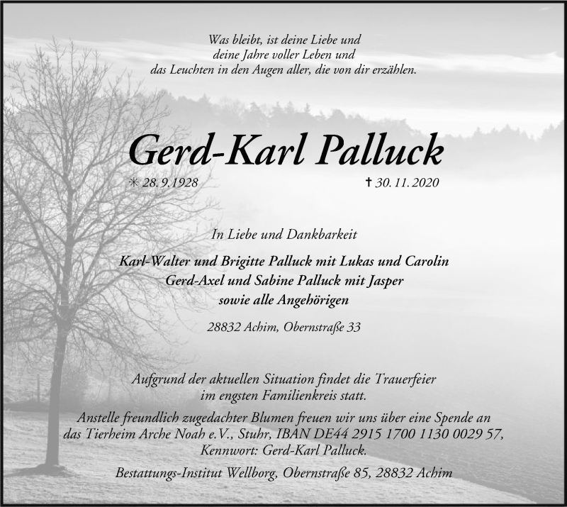  Traueranzeige für Gerd-Karl Palluck vom 02.12.2020 aus SYK