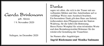 Traueranzeige von Gerda Brinkmann von SYK