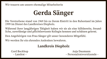 Traueranzeige von Gerda Sänger von SYK