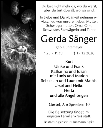 Traueranzeige von Gerda Sänger von SYK