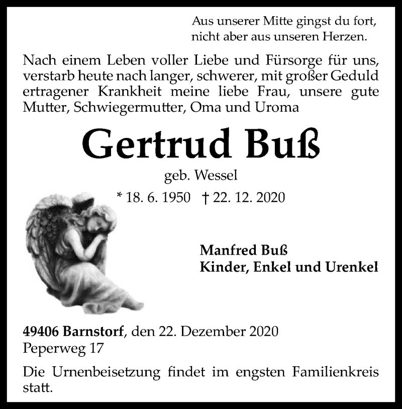  Traueranzeige für Gertrud Buß vom 29.12.2020 aus SYK