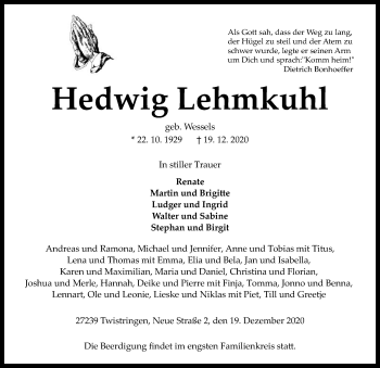 Traueranzeige von Hedwig Lehmkuhl von SYK