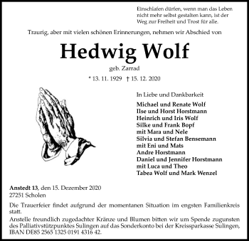 Traueranzeige von Hedwig Wolf von SYK