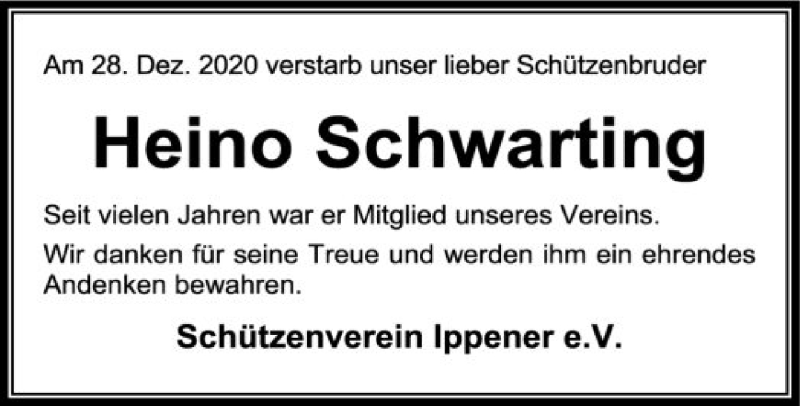  Traueranzeige für Heino Schwarting vom 31.12.2020 aus SYK