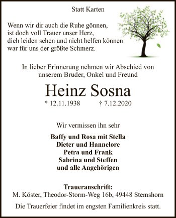 Traueranzeige von Heinz Sosna von SYK