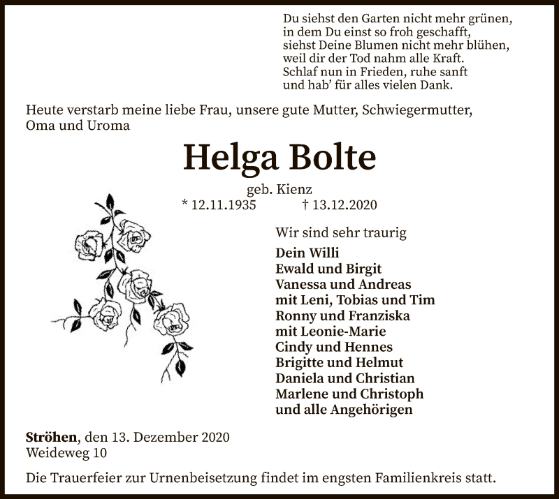  Traueranzeige für Helga Bolte vom 15.12.2020 aus SYK