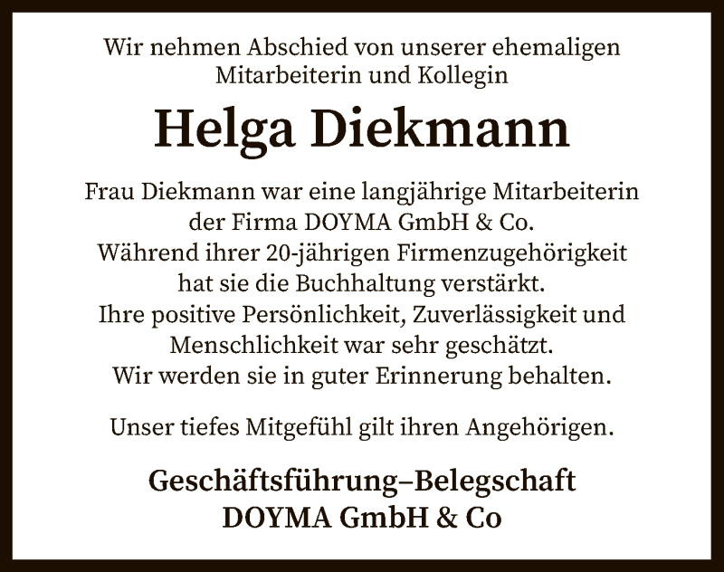  Traueranzeige für Helga Diekmann vom 12.12.2020 aus SYK