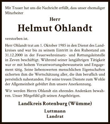 Traueranzeige von Helmut Ohlandt von SYK