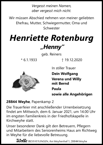 Traueranzeige von Henriette Rotenburg von SYK