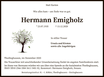 Traueranzeige von Hermann Emigholz von SYK