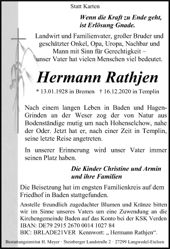 Traueranzeige von Hermann Rathjen von SYK