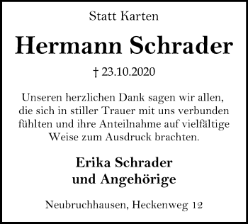 Traueranzeige von Hermann Schrader von SYK