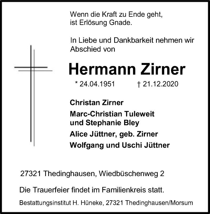  Traueranzeige für Hermann Zirner vom 29.12.2020 aus SYK