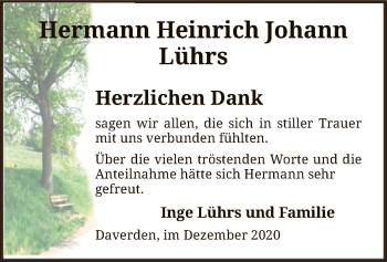 Traueranzeige von Hermann Heinrich Johann Lührs von SYK