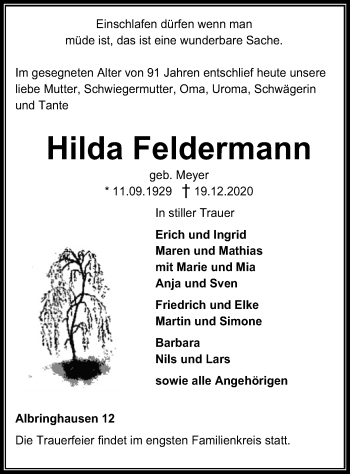 Traueranzeige von Hilda Feldermann von SYK