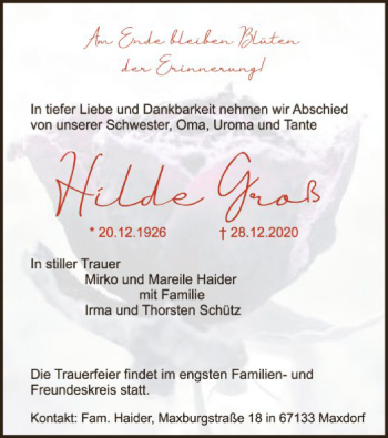 Traueranzeige von Hilde Groß von SYK