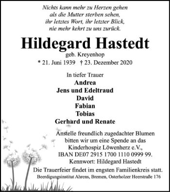 Traueranzeige von Hildegard Hastedt von SYK