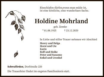 Traueranzeige von Holdine Mohrland von SYK