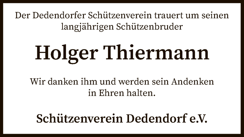  Traueranzeige für Holger Thiermann vom 24.12.2020 aus SYK