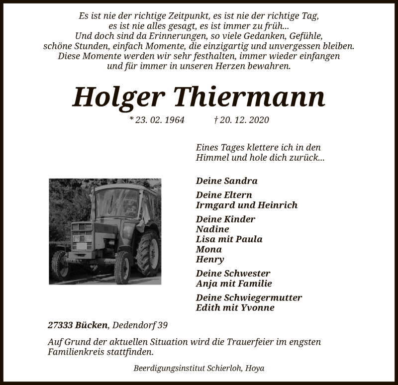  Traueranzeige für Holger Thiermann vom 24.12.2020 aus SYK